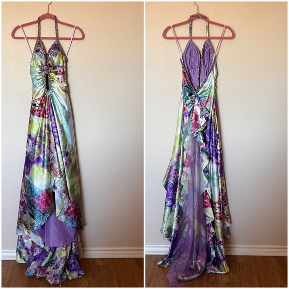 Jovani Beaded Watercolor Floral High-Low Embellished Bustle Prom Pageant Gown - Picture 4 of 17